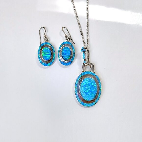 Native American Blue Opal Necklace Earrings Set Oval 925 Sterling Signed MY - Picture 1 of 12